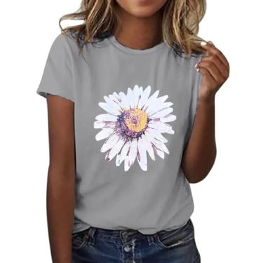 Imagem de Camiseta feminina com estampa floral, manga curta, gola redonda, leve, macia, casual, roupa de verão, ajuste técnico, Cinza, G