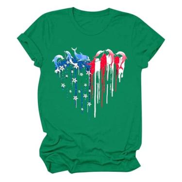 Imagem de Camiseta feminina moderna gola redonda manga curta dia independente estampada camiseta cauda suéter feminino, Verde, P