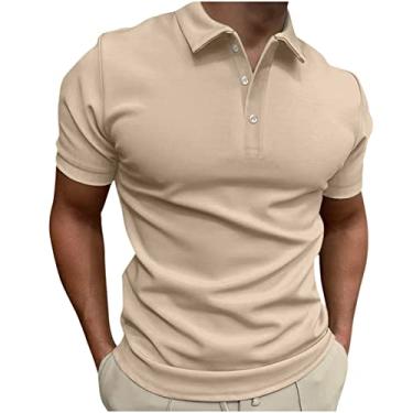 Imagem de Camisetas masculinas verão outono manga curta gola tartaruga crochê camisetas básicas homem 2024, L-435 cáqui, P
