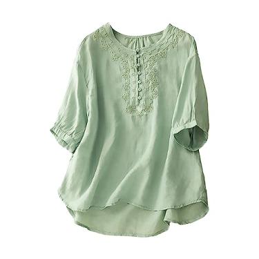 Imagem de Blusa feminina de linho de verão boho blusa de algodão gola redonda manga curta túnica bordada mexicana, Verde, G