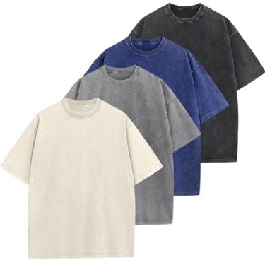 Imagem de Camisetas masculinas de algodão grandes folgadas vintage lavadas unissex manga curta camisetas casuais, Preto + cinza + azul + bege, M