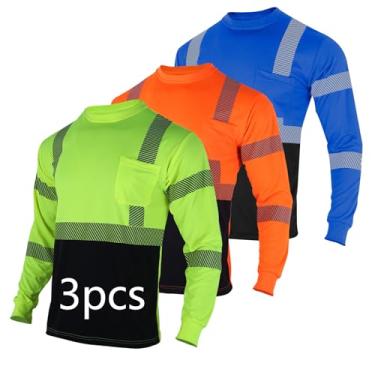 Imagem de FONIRRA Camisetas de segurança masculinas reflexivas Hi Vis Pacote com 3 Classe 2 ANSI Alta Visibilidade Trabalho Construção Manga Comprida, Multicolorido., 4G