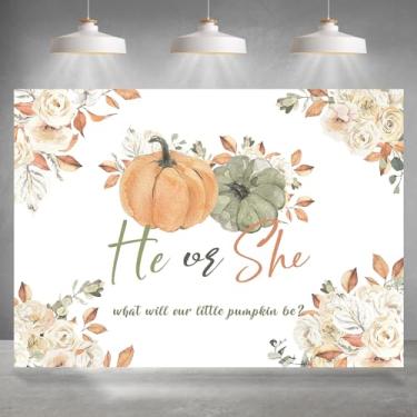 Imagem de Rsuuinu Abóbora pano de fundo revelador de gênero ele ou ela outono abóbora floral fotografia fundo chá de bebê suprimentos de decoração de festa de aniversário faixa de mesa de bolo banner cabine de