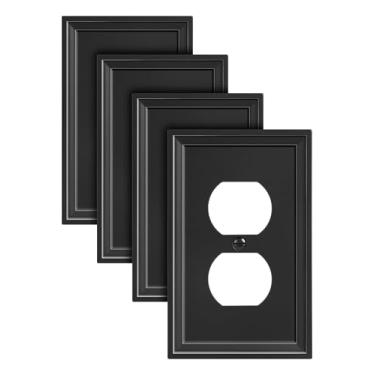 Imagem de TREEWELL Pacote com 4 capas de tomada duplex, placas de interruptor de fibra de bambu natural e tampas de tomada, placas de parede decorativas pretas para tomadas elétricas, 1 capa de receptáculo,