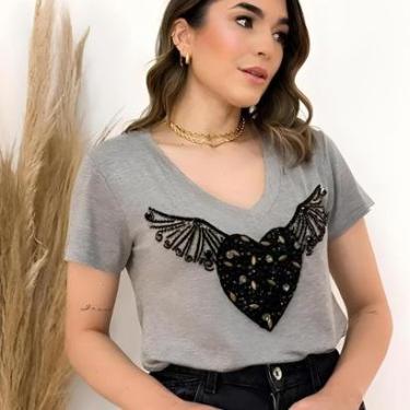 Imagem de Camiseta T Shirt Sagitta Gola V Feminina Premium - Pedraria-Feminino