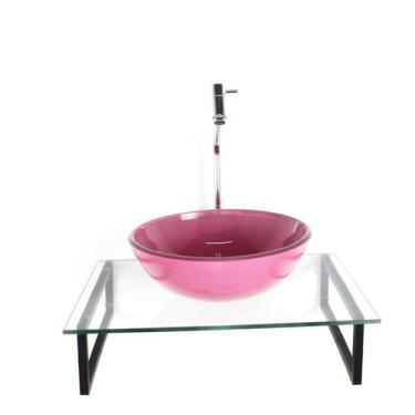 Imagem de Kit cuba de vidro redonda 10mm rosa com tampo 50cm incolor e suporte p