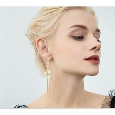 Imagem de Brincos Pedra Branca Sobrepor Delicado Feminino Dourado Luxo - anjo da