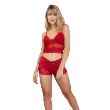 Imagem de Baby Doll Rendado Curto e Forrado Pijama Verão - WLS Modas, G, Vermelh