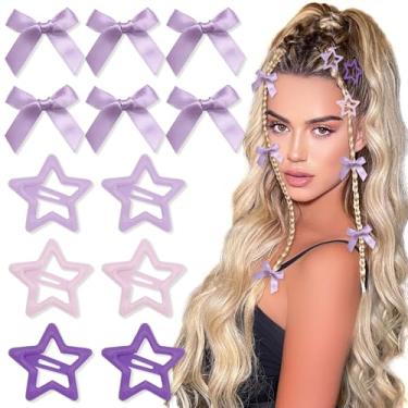 Imagem de YAEISM Conjunto de grampos de cabelo roxo com estrela e laço de 12 peças - Acessórios de cabelo para mulheres e meninas, ideal para festas Y2K, apresentações de palco, fotografia, cosplay, eventos