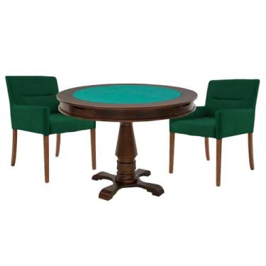 Imagem de Mesa de Jogos Carteado Victoria Redonda Tampo Reversível Imbuia com 2 Cadeiras Vicenza Suede Verde - Gran Belo