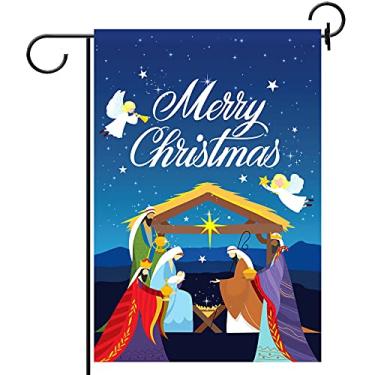 Imagem de Tatuo Feliz Natal Bandeira de jardim presépio quintal casa bandeira dupla face tradicional férias de inverno Jesus bandeira bandeira natal quintal bandeira para pátio gramado casa decoração ao ar