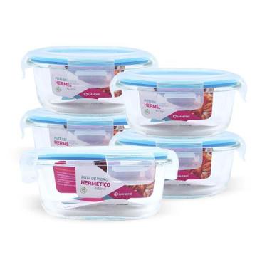 Imagem de Kit 5 Potes Pote Hermético De Vidro Redondo Pequeno 400ml Salada Fruta