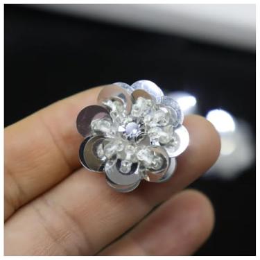 Imagem de Remendos de flores de lantejoulas prateadas 20 peças de apliques de flores com contas de strass adesivos de broche para bolsa de roupas, sapatos, acessórios de costura costurados M43F186 (19# 2,4 cm
