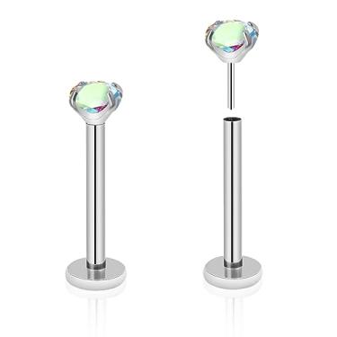 Imagem de ZYTAIJEW 2 peças G23 titânio 20G/18G/16G 6mm-12 mm anel de nariz plano push-in sem rosca 3 mm Prong CZ Monroe Labret anéis labiais Helix Nail cartilagem tragus brinco piercing joias, Titânio, Sem