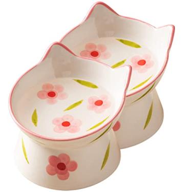 Imagem de Zerodeko 2 tigelas elevadas de cerâmica elevadas para comida e água para cães e gatos, alimentador lento, proteção de pescoço, tigela de alimentação para cães pequenos, filhotes e gatinhos