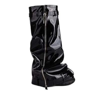 Imagem de Rock88 Botas femininas dobráveis, botas altas com cadeado e zíper lateral, botas de panturrilha larga com plataforma para festa e uso diário, preto, 44