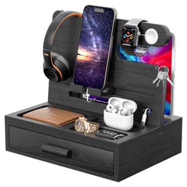 Imagem de melafa365 Organizador de mesa de cabeceira de bambu para homens, estação de ancoragem de telefone com gerenciamento de cabos, gaveta, organizador de cabeceira para relógios, chaves, carteiras, preto