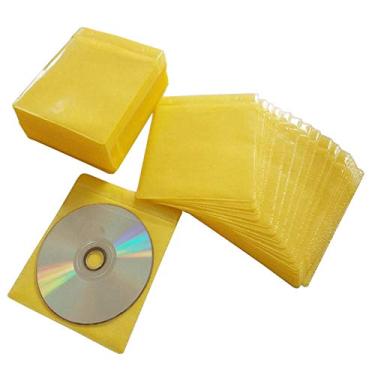 Imagem de Mangas de CD/DVD/BluRay da HAPLIVES, Capa plástica de refil de dupla face para gravadores de armazenamento de CD e DVD, Pacote com 100, Amarelo