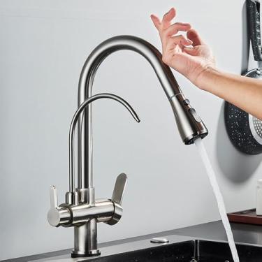 Imagem de Filtro de sensor de toque Torneira de cozinha Torneira de cozinha de latão com água pura Torneira misturadora retrátil Girar guindaste de água quente e fria Modo 2 vias, níquel escovado