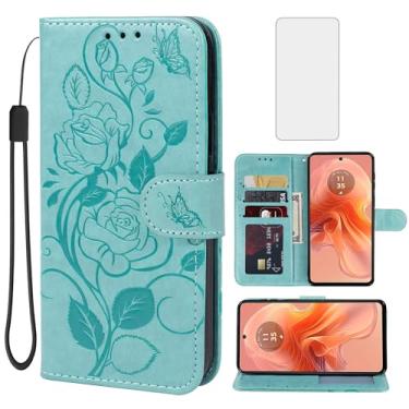 Imagem de Vavies Capa de Couro Floral para Moto G24/Moto G04/Moto E14/Moto G04S XT2423-1 com Protetor de Tela de Vidro Temperado, Floral Verde, Flip com Porta-Carto de Credito e Suporte para Celular