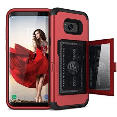 Imagem de Capa carteira protetora WeLoveCase para Galaxy S8 com design de carteira com espelho oculto nas costas e suporte para cartão, capa protetora resistente à prova de choque 3 em 1 para Samsung Galaxy S8, Vermelho
