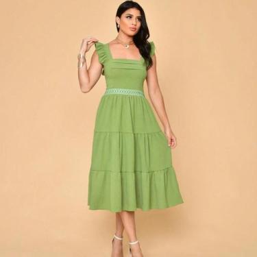 Imagem de Vestido midi luxo duna lisa com babada na manga e renda na cintura 001