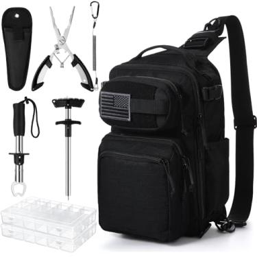 Imagem de RoundFunny Kit de equipamento de pesca com 9 peças, bolsa tática de pesca, mochila de pesca leve, conjunto de alicates, caixas de equipamento, prendedor de lábio de peixe, removedor de anzol, emblema