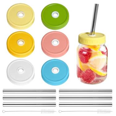 Imagem de SusuBee Pacote com 6 tampas de pote de plástico, tampas coloridas de boca larga compatíveis com frascos de pedreiro, potes de bolas de conserva, com canudos e escova de limpeza (pote não incluído)