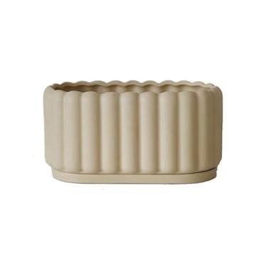 Imagem de LICONG-2020 Vasos de flores, retangulares listrados, verticais, vaso de cerâmica com orifícios de drenagem e pires, bandeja para peitoril da janela, sala de estar, quarto, plantas, recipiente, tigela