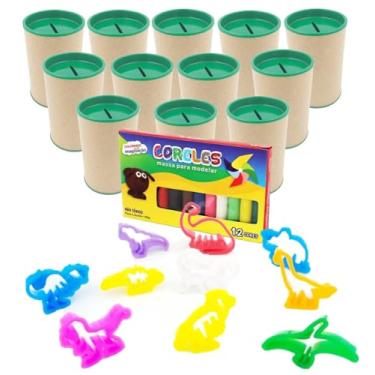 Imagem de Kit 12 Cofres Papelão 36 Cortadores Formato Dinossauros 2 Caixas de Massinha Modelar Lembrancinhas Aniversário Mundo Jurássico (Cofre Verde bandeira)