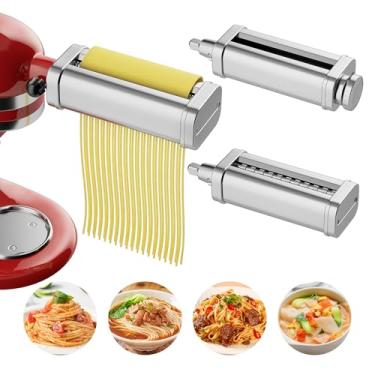 Imagem de Acessório de massa para batedeiras KitchenAid, incluindo rolo de folha de macarrão, cortador de espaguete e cortador Fettuccine, 3 peças de aço inoxidável para cozinha KERUYUNLA