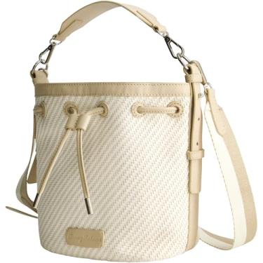 Imagem de Tommy Bahama Bolsa Balde, Mini Bolsa Feminina com Fecho de Cordão e Design Tecido, Bronzeado/Branco, Bronzeado/branco
