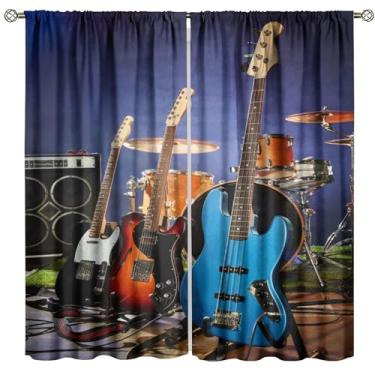 Imagem de Cortina de guitarra com tema musical, kit de bateria de música rock, impressão de instrumentos musicais, cortinas de janela para quarto, sala de estar, 107 cm L x 114 cm C