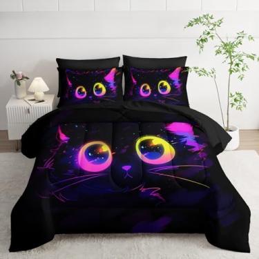 Imagem de Nttopship Conjunto de edredom infantil fofo de gato, tamanho solteiro, 7 peças, preto no escuro, estampa de animais digitais 3D, para crianças, meninos, meninas, adultos, decoração de quarto