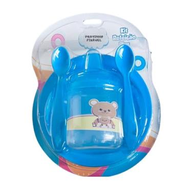 Imagem de Combo Refeição Plus Luxo em Polipropileno 03 Peças Copo Talheres e Pratinho Fixável em Superfície Lisa e Plana Ventosa em PVC (Azul Claro, Urso)