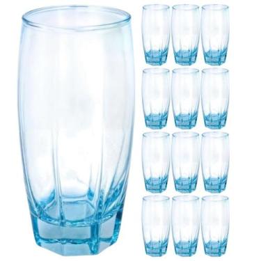 Imagem de Jogo 12 Copos Luxo Flórida Vidro Azul 370ml Praticasa