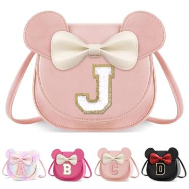 Imagem de XSUIOY Bolsa infantil para meninas, presente de aniversário para crianças, bolsa infantil com inicial personalizada, lindo laço de orelha, presente de menina, Grande-rosa-branco, J, J