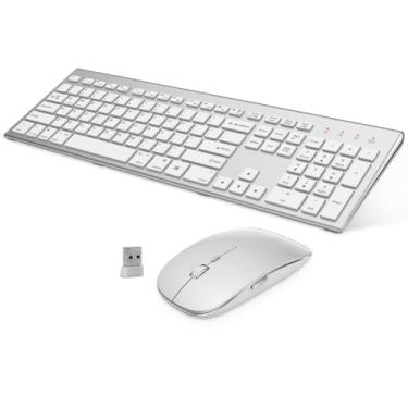 Imagem de Combo de teclado e mouse sem fio, teclado GALENMORO ergonômico USB de tamanho completo silencioso com teclado numérico para Windows macOS, computador, desktop, laptop, prata e branco