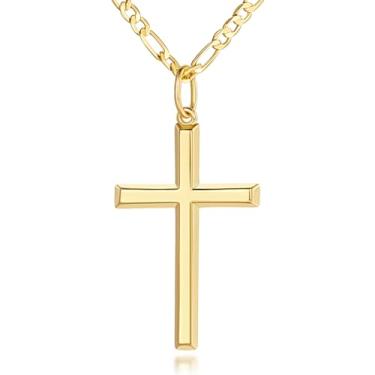 Imagem de Verniflloga Colar de cruz de ouro 14 k para mulheres, pingente de cruz de ouro, corrente fígaro, marinheiro masculino, 48 cm, Figaro chain-0.7 inch cross, Ouro amarelo, Sem Pedra Preciosa
