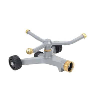 Imagem de IEUDNS Sprinkler de gramado rotativo de metal, aspersor de água automático, rotação de 360 graus com base de roda, 3 braços, sprinkler de metal para quintal