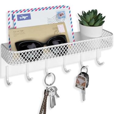 Imagem de Lwenki Porta-chaves para parede – Gancho decorativo de aço inoxidável com 6 ganchos para chapéus, bolsas, trelas – Porta-chaves com ferragens de montagem e guia (24,5 cm x 7 cm x 5,5 cm) (branco)