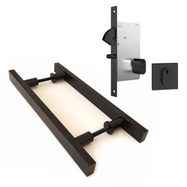 Imagem de Kit Puxador Porta Correr Madeira Preto Fosco 40cm Duplo + Fechadura Stam Bico de Papagaio Porta Correr Roseta Quadrada