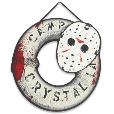 Imagem de Decoração de parede de madeira pendurada sexta-feira 13 filme de terror - Sinal de máscara de Jason assustador para decoração de Halloween