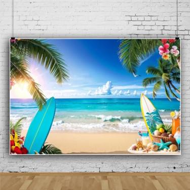 Imagem de Leowefowa Pano de fundo para fotografia de praia de verão 3 x 2,4 m, prancha de surfe, praia havaiana, fundo de festa, árvore tropical, litoral, céu azul, oceano, bandeira, decoração, suprimentos para
