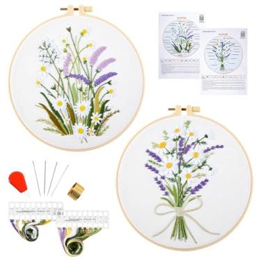 Imagem de Kit de bordado para adultos iniciantes, kits de ponto cruz estampado para adultos iniciantes, kit de bordado à mão de flores, 2 conjuntos de suprimentos de bordado, 2 argolas (código QR de vídeo de