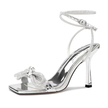 Imagem de TNYNFBEB Sandália feminina stiletto salto alto bico quadrado aberto tira no tornozelo duas peças fivela strass cristal laço vestido de formatura verão 3,5 polegadas salto, Prata, 41