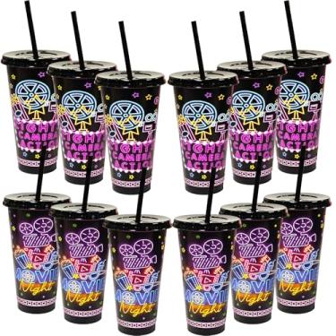 Imagem de BOLLBAY 12 Copos Para Noite De Cinema Com Tampa E Canudo, 24 Oz, Suprimentos Cinema, Copo Plástico Reutilizável, Decorações Festa Lembrancinhas Aniversário