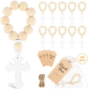 Imagem de GUDELAK 60 Peças De Lembrancinhas Batismo Incluem Rosário Madeira, Cartões Agradecimento E Sacos Malha Branca Para Decorações Batismo, Chá Bebê, Presentes Primeira Comunhão Meninas Meninos