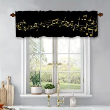 Imagem de Cortinas curtas abstratas com tema de música dourada moderna com estampa de notas musicais pretas para cozinha, sala de estar, banheiro, 137 x 45 cm