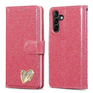 Imagem de QLTYPRI Capa para Samsung Galaxy A56, capa flip flip brilhante brilhante brilhante capa protetora de corpo inteiro slots para cartão fecho magnético alça de pulso para mulheres meninas A56 - rosa